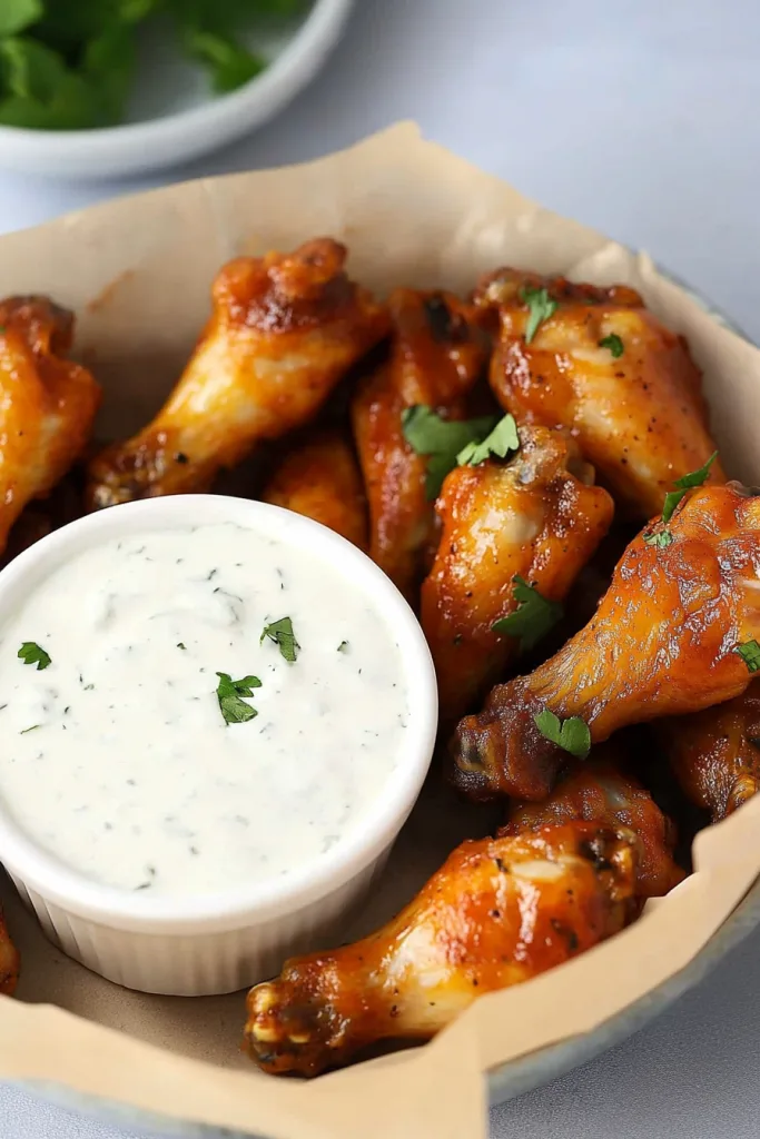 Plate of reddish-brown wings beside a small bowl of ranch-style dip.