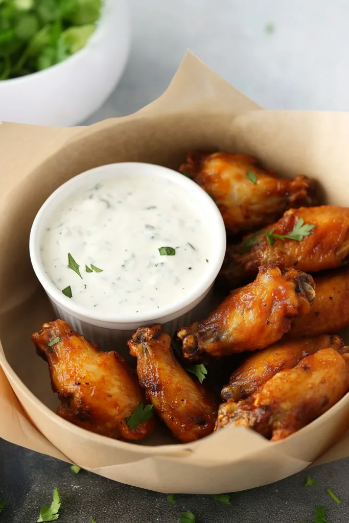 Glazed chicken wings served with a ramekin of creamy dipping sauce.