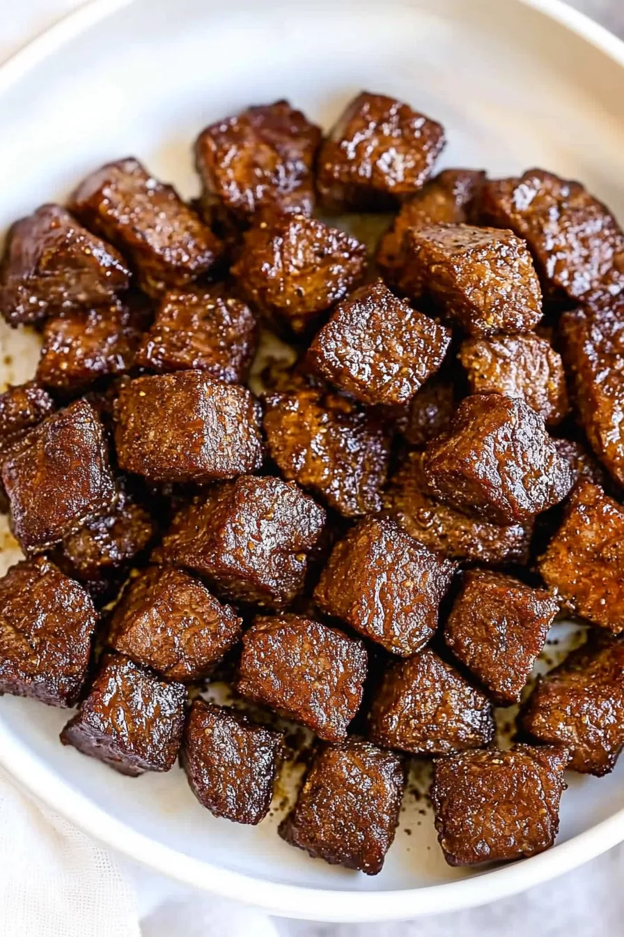 Juicy steak bites served on a white plate with parsley garnish.