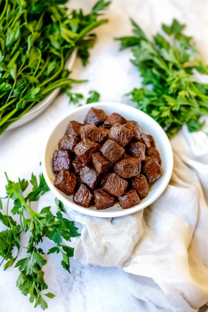 Golden-brown steak bites paired with fresh herbs.