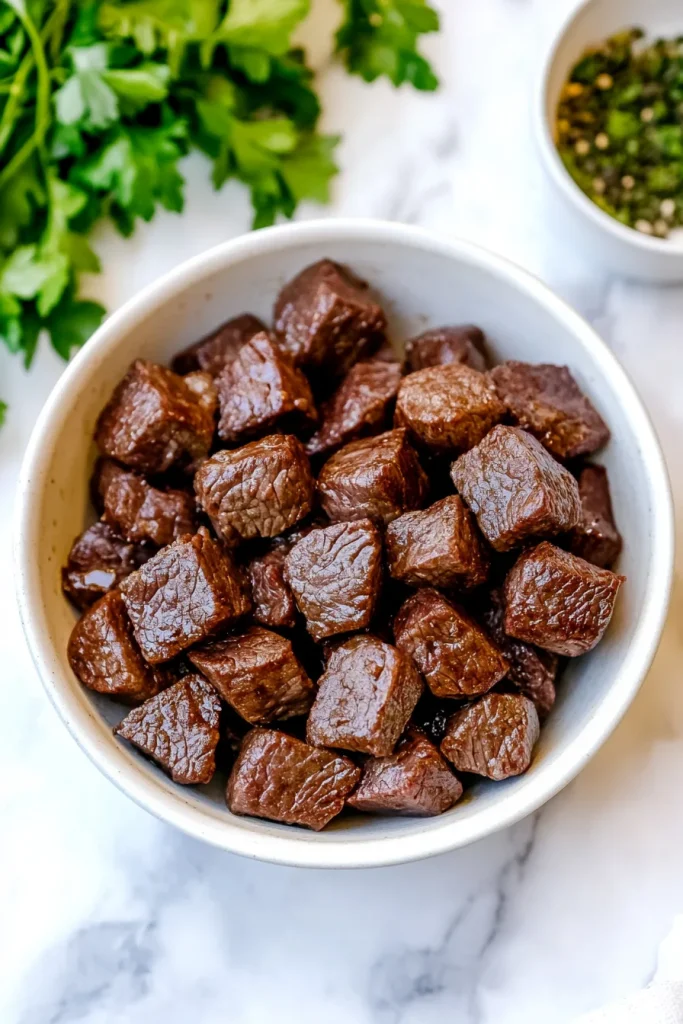 Plate of seared beef cubes with glossy, rich texture.