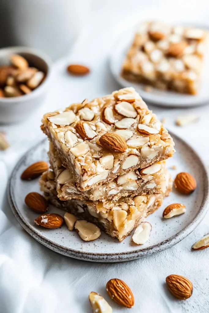 Bars arranged on a plate with whole almonds scattered around.