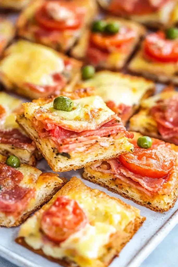 Plate of puff pastry bites with vibrant red and green accents
