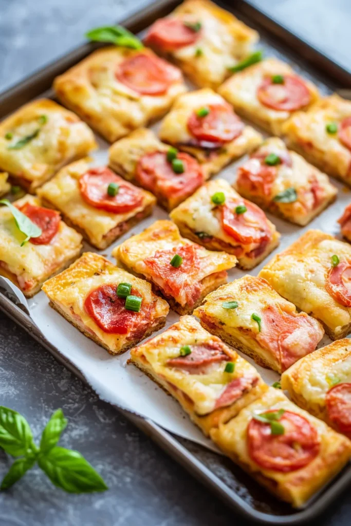 Layered puff pastry squares filled with tomato, cheese, and zucchini