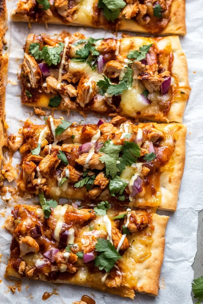 Slices of flatbread with barbecue chicken and melted cheese.