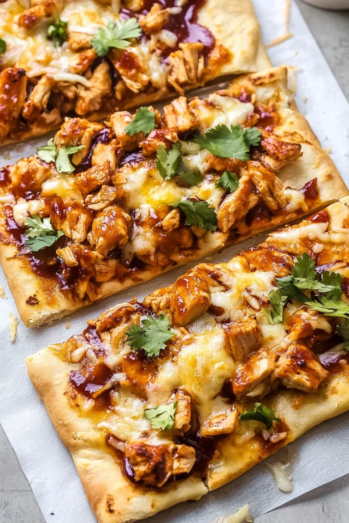 Crispy flatbread pizza loaded with chicken and herbs.