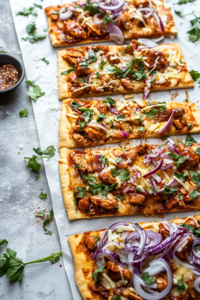 BBQ chicken flatbread with gooey cheese and glossy sauce.