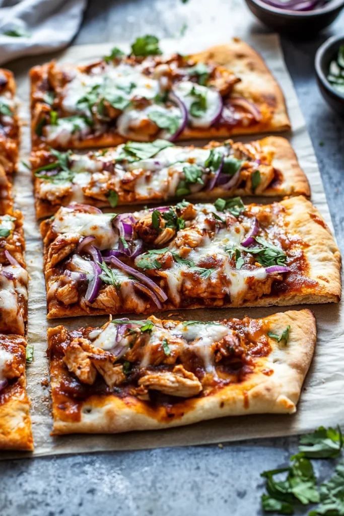 Flatbread topped with chicken, melted cheese, and barbecue sauce.