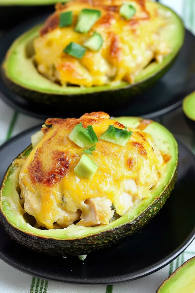 Halved avocados stuffed with diced chicken and melted cheese, served on black plates.
