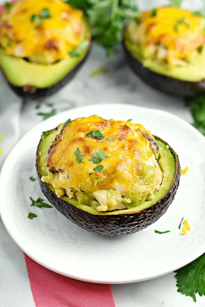 Golden, bubbly cheese topping over creamy avocado halves filled with savory chicken.