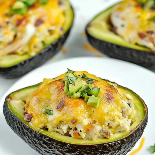 Final dish of stuffed avocados highlighting the contrast of green flesh and golden topping.