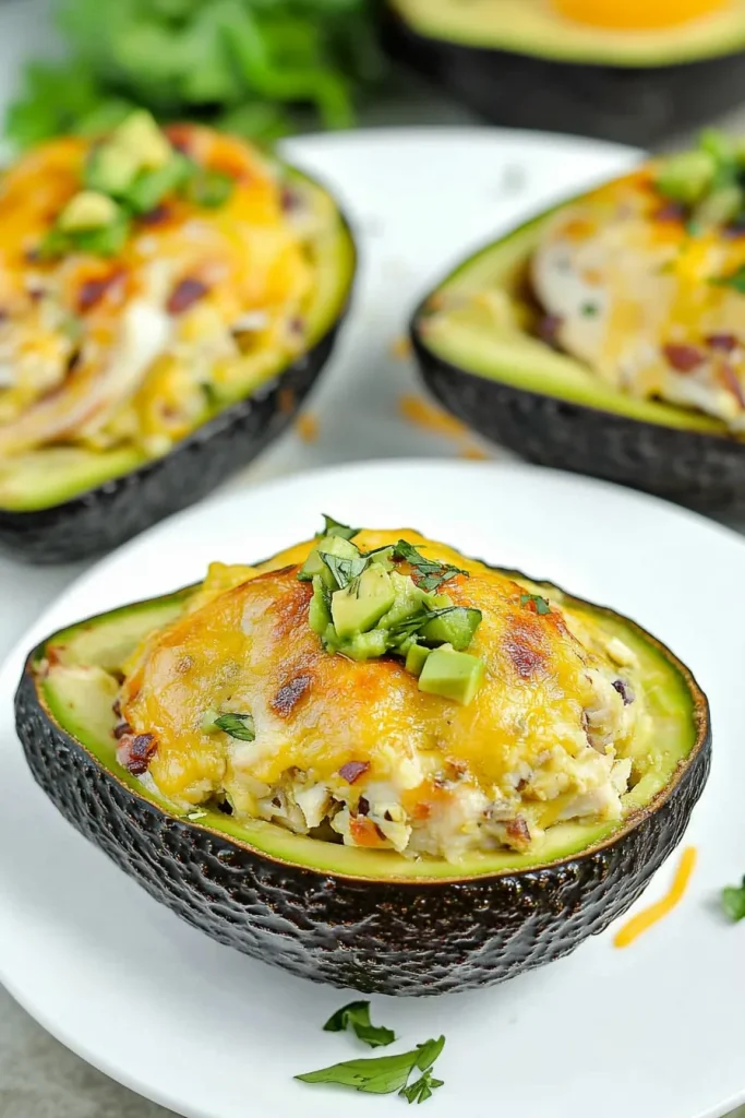 Final dish of stuffed avocados highlighting the contrast of green flesh and golden topping.