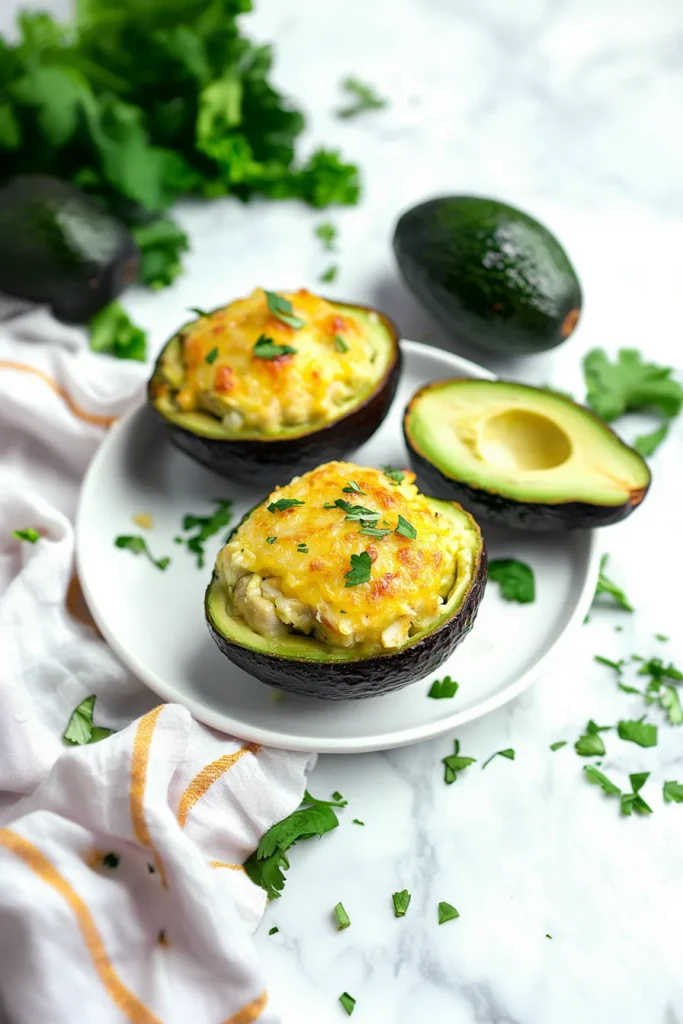Rich, cheesy chicken filling inside warm avocado halves, styled for presentation.