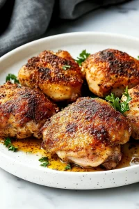 Juicy baked chicken served on a speckled white plate with herbs