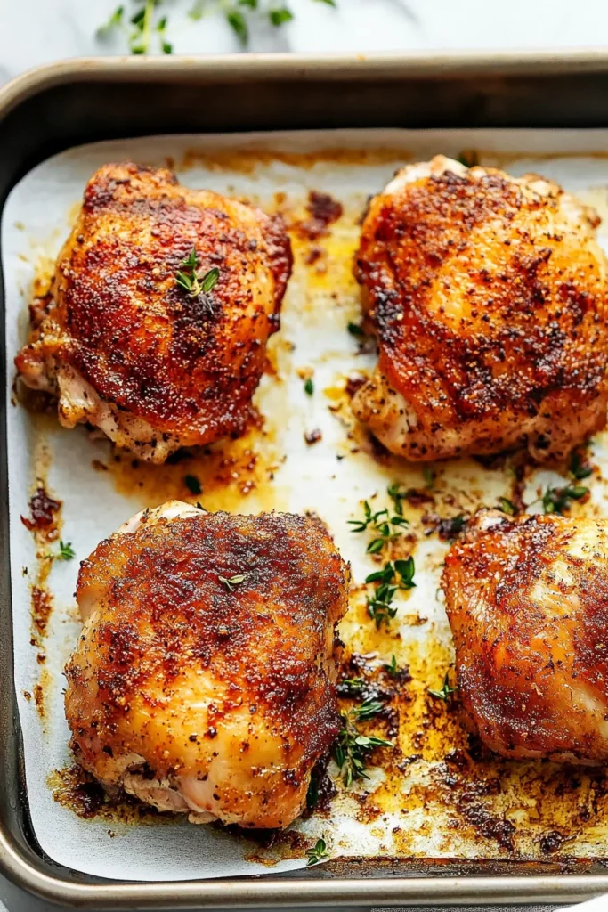 Closeโup of seasoned roasted chicken resting in its juices