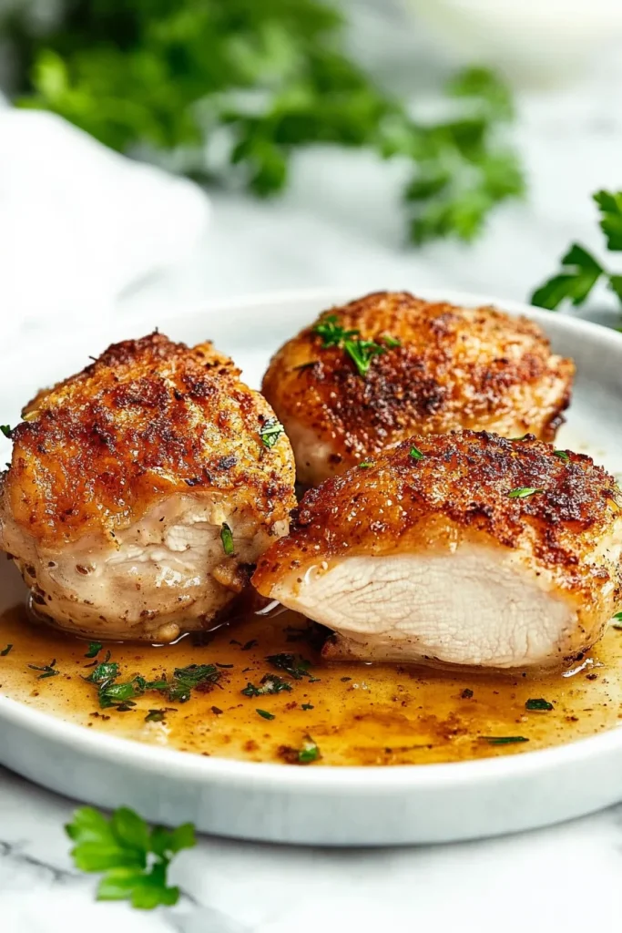 Plate of crispy chicken pieces with a glossy finish from pan drippings