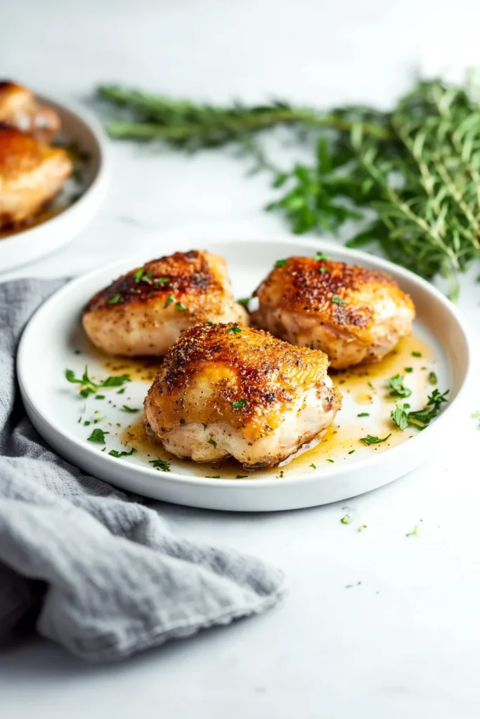Goldenโbrown chicken thighs with crispy skin and fresh parsley garnish