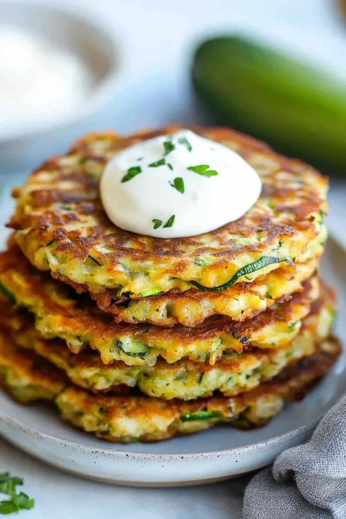 Baked Zucchini Fritters Recipe served with yogurt and herbs, showcasing a rustic presentation.