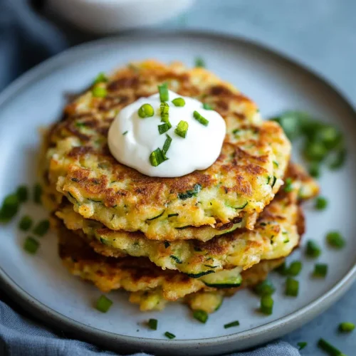 Stack of golden zucchini fritters topped with a dollop of sour cream and herbs.