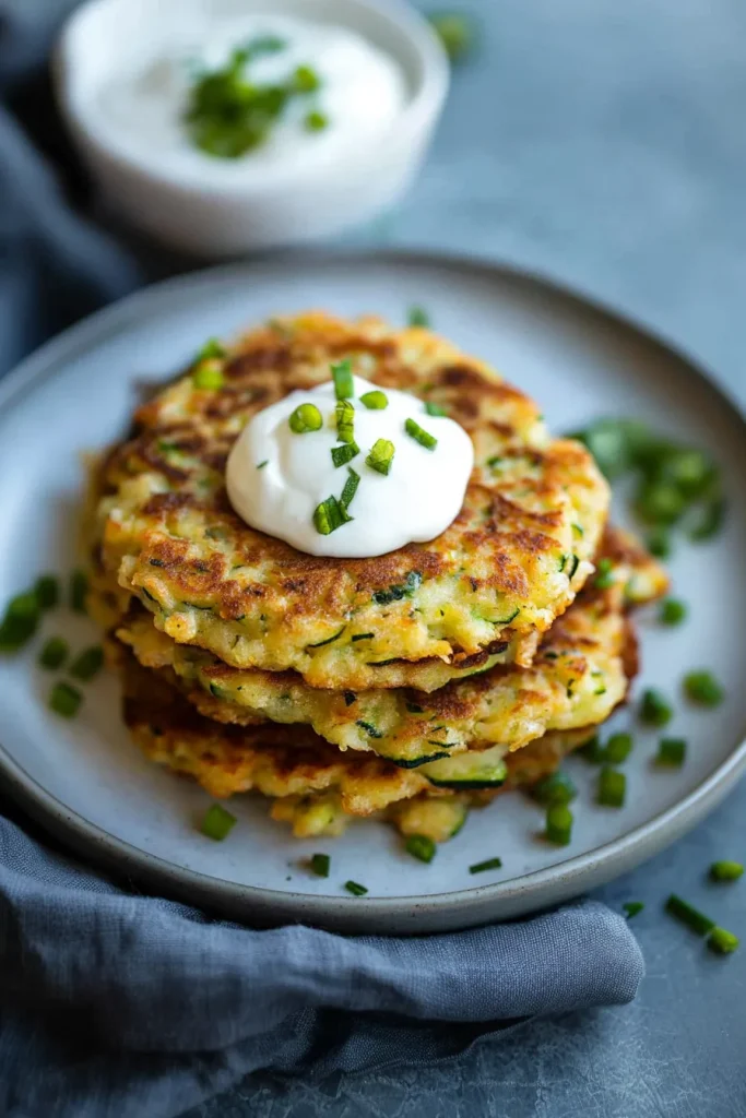 Stack of golden zucchini fritters topped with a dollop of sour cream and herbs.