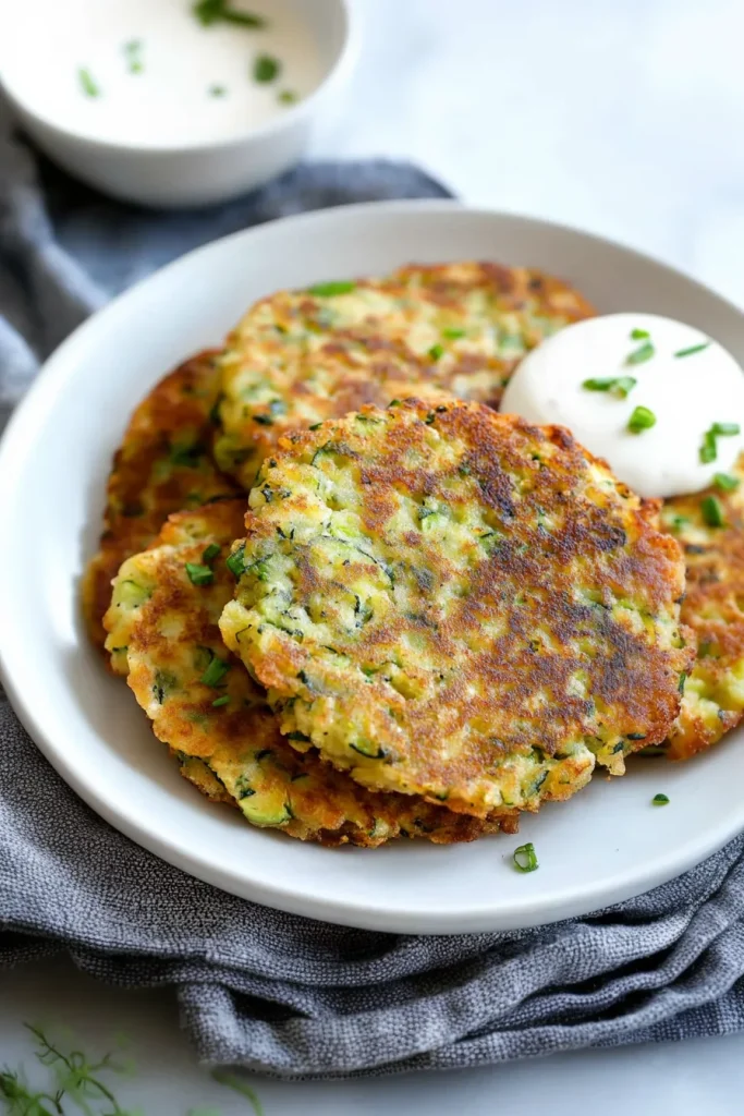 Light-colored plate filled with fritters, garnished with fresh parsley and creamy sauce.
