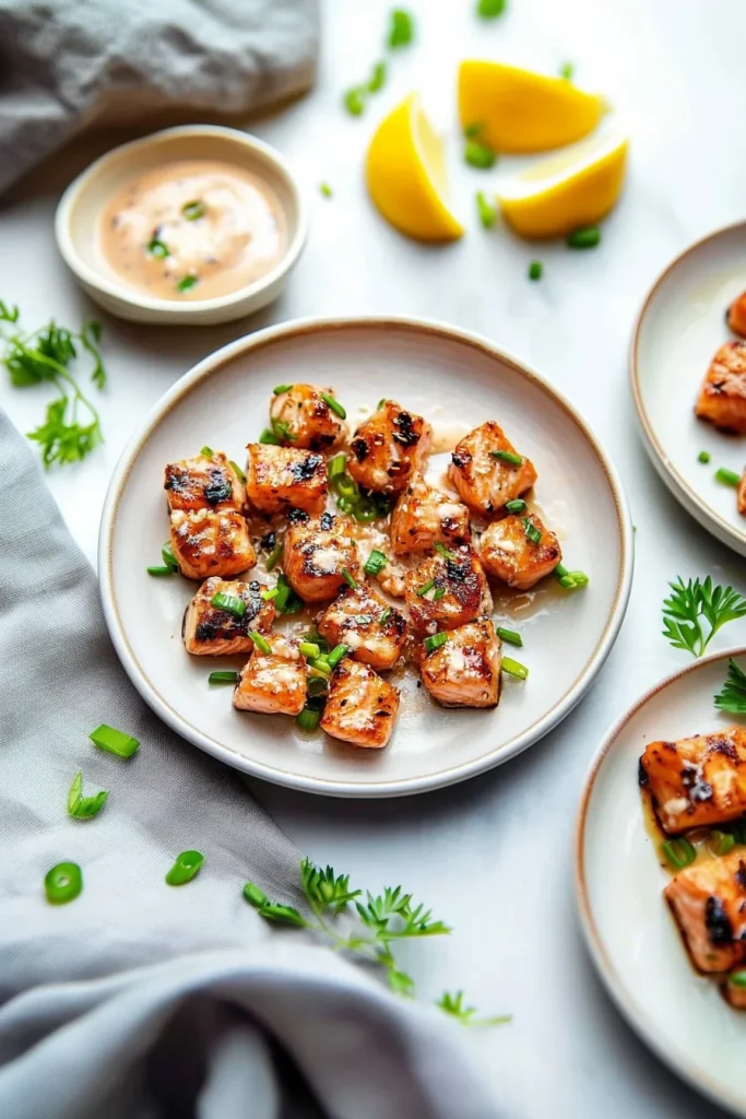 Golden seared salmon cubes with char marks and fresh green onion garnish.
