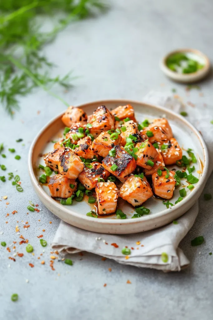 Plate of salmon bites showing vibrant orangeโpink flesh and browned edges.