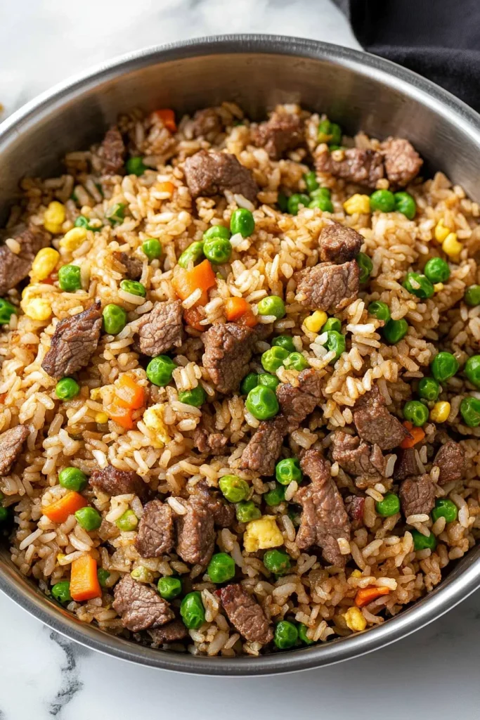 A close-up of a bowl filled with golden fried rice, tender beef slices, peas, and carrots.