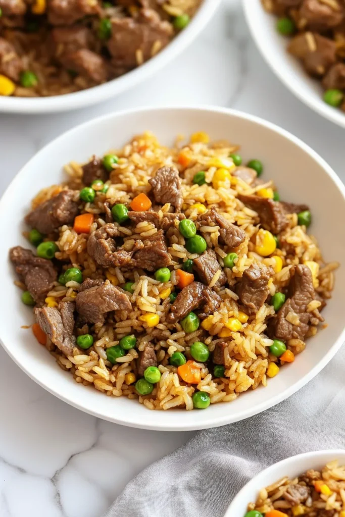 Colorful mix of beef, scrambled egg, and vegetables on top of fluffy rice.