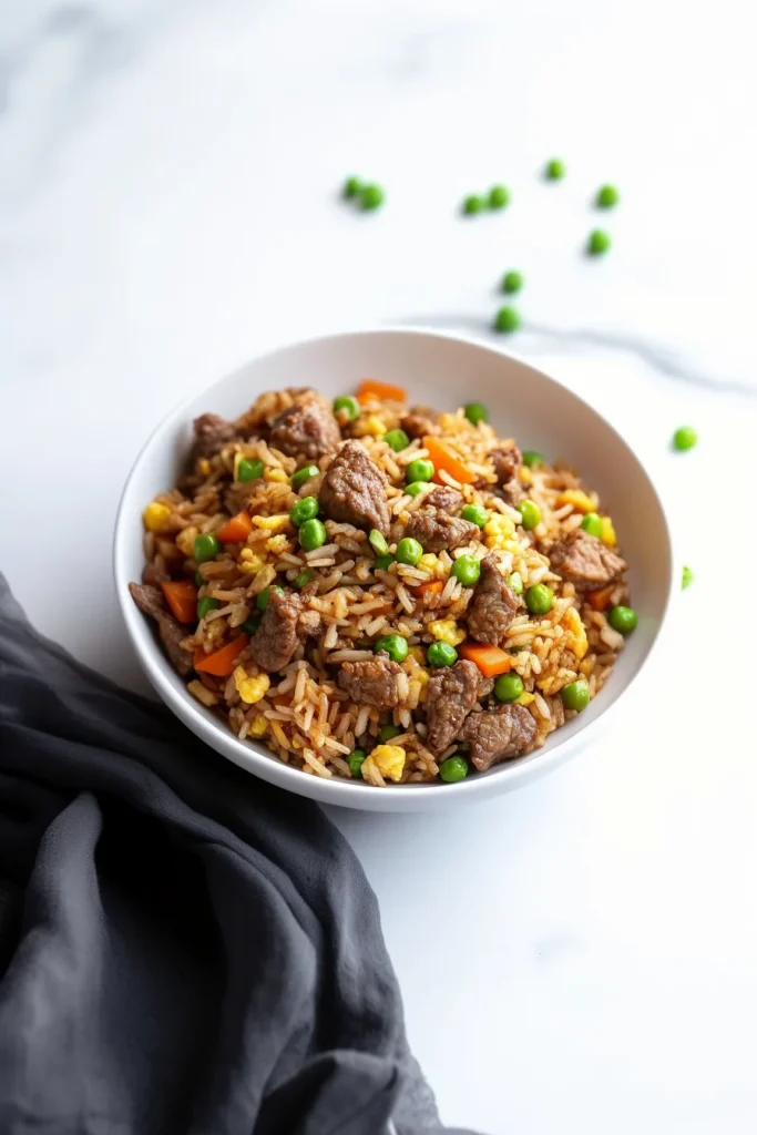 A warm serving of rice tossed with beef, egg, peas, and carrots, ready to eat.