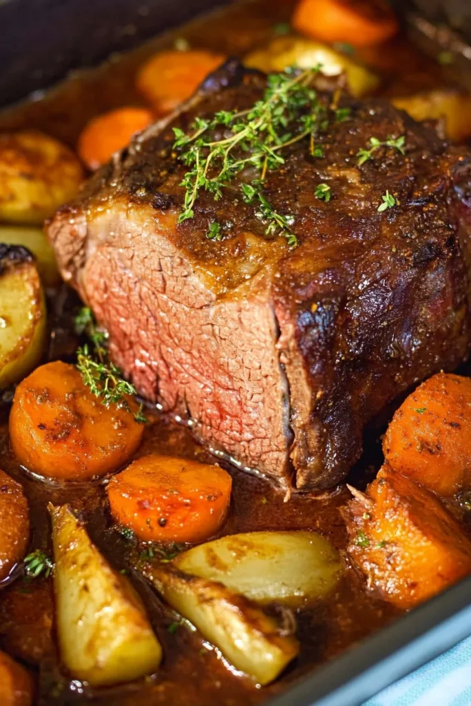 Juicy beef roast nestled among roasted carrots and parsnips, topped with sprigs of thyme.