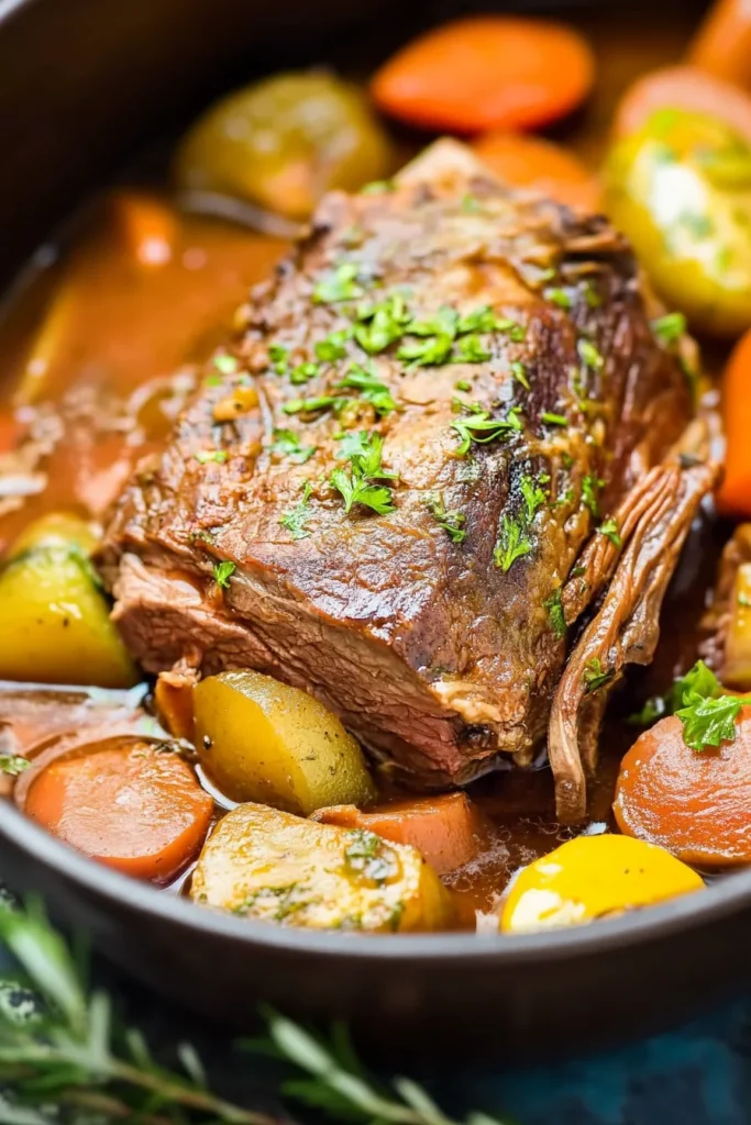 Hearty roast served in a pan with golden potatoes and rustic root vegetables in savory sauce.