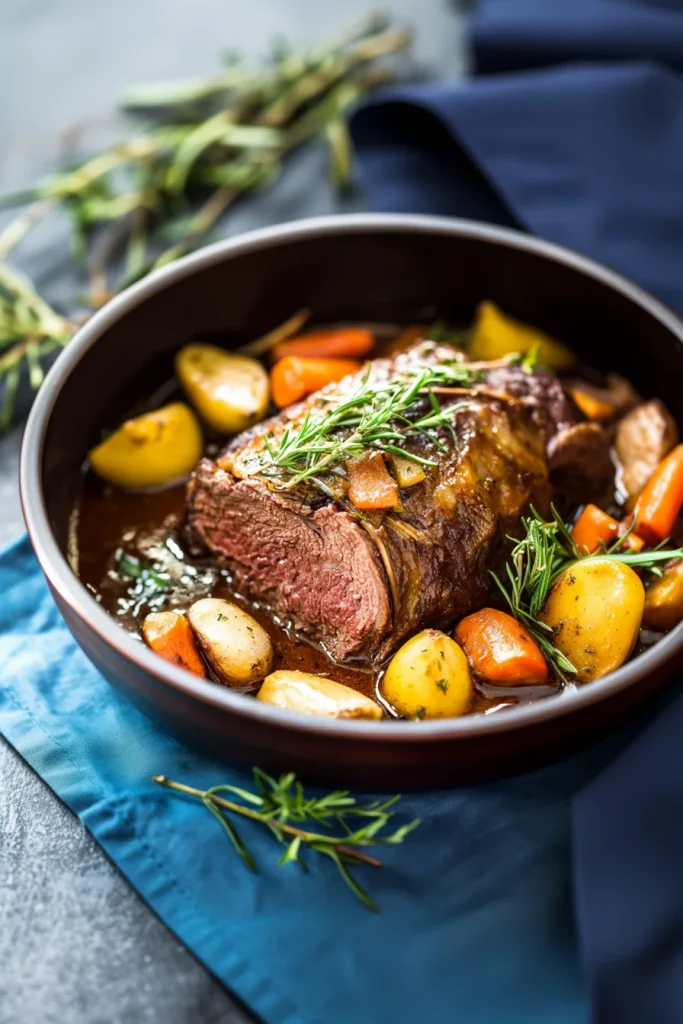 Comfort food scene featuring a pan of beef and vegetables in glossy brown gravy.