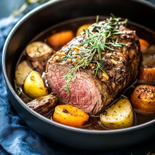 Tender roast beef with a browned crust surrounded by carrots, potatoes, and parsnips in rich gravy.