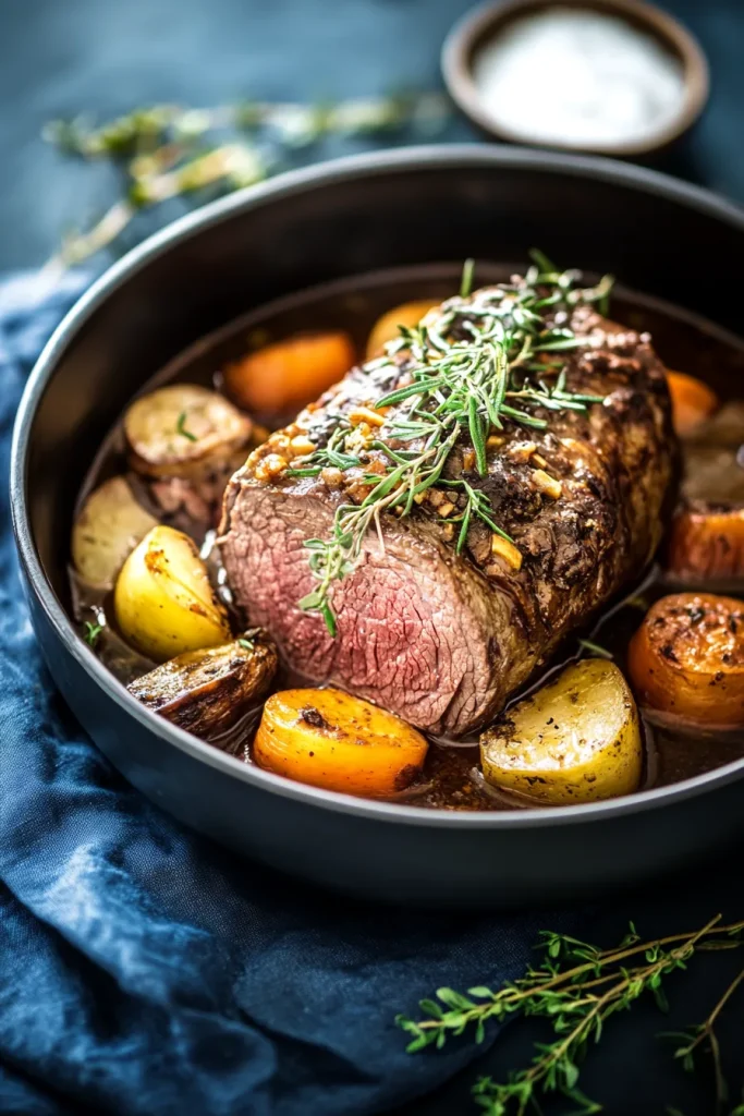 Tender roast beef with a browned crust surrounded by carrots, potatoes, and parsnips in rich gravy.