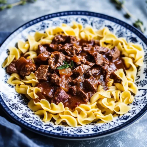 Patterned bowl filled with noodles and saucy beef garnished with parsley.