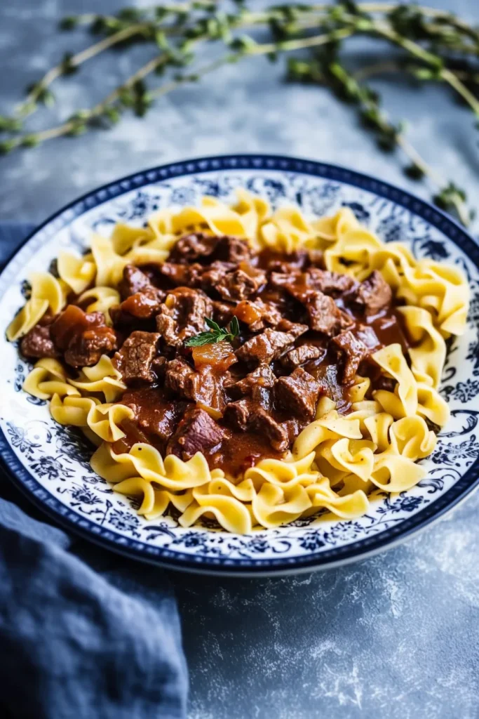 Patterned bowl filled with noodles and saucy beef garnished with parsley.
