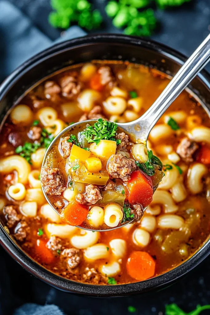 Rustic soup served in a pot, showing elbow macaroni, vegetables, and herbs in a warm tomato base.