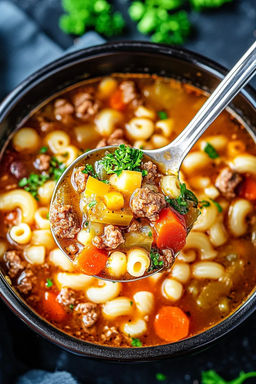 Rustic soup served in a pot, showing elbow macaroni, vegetables, and herbs in a warm tomato base.