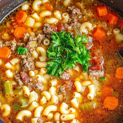 A steaming bowl of tomato-based soup with macaroni, ground beef, and fresh parsley garnish.