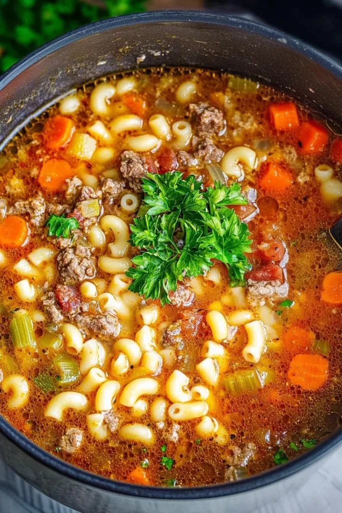 A steaming bowl of tomato-based soup with macaroni, ground beef, and fresh parsley garnish.