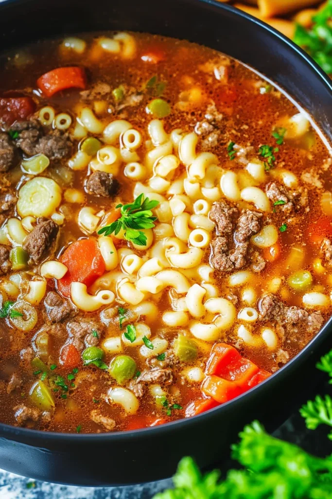 Close-up of hearty pasta soup with diced carrots, celery, and tender beef in a rich broth.