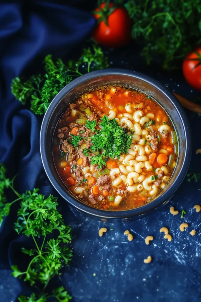 Comforting homemade soup with pasta and beef, topped with a sprinkle of fresh parsley.
