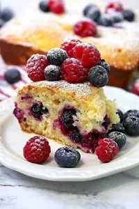 Plated dessert with vibrant berries on top, larger cake visible in the background.