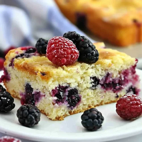 Moist berry-filled cake with a crisp crust, served alongside scattered blueberries and raspberries.