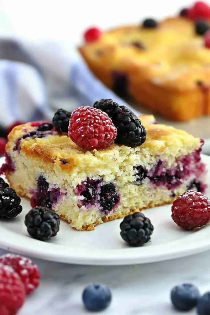 Moist berry-filled cake with a crisp crust, served alongside scattered blueberries and raspberries.