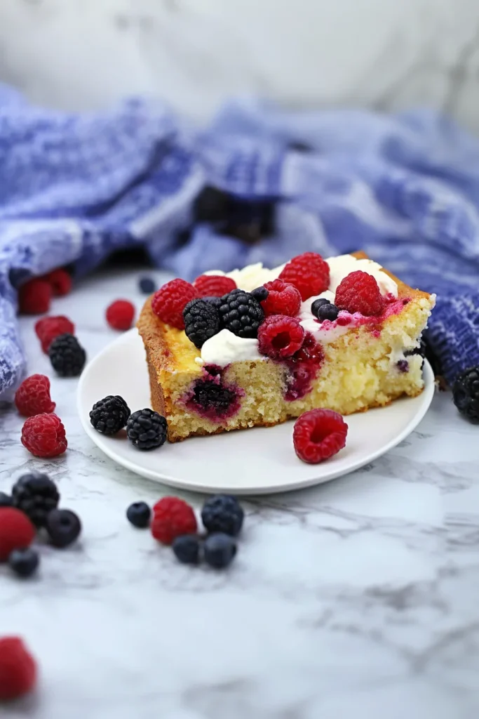 Coffee cake portion highlighting golden edges and colorful berry garnish.