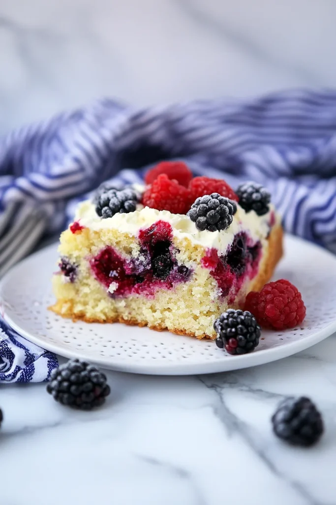 Slice of golden cornbread cake topped with fresh berries on a white plate.