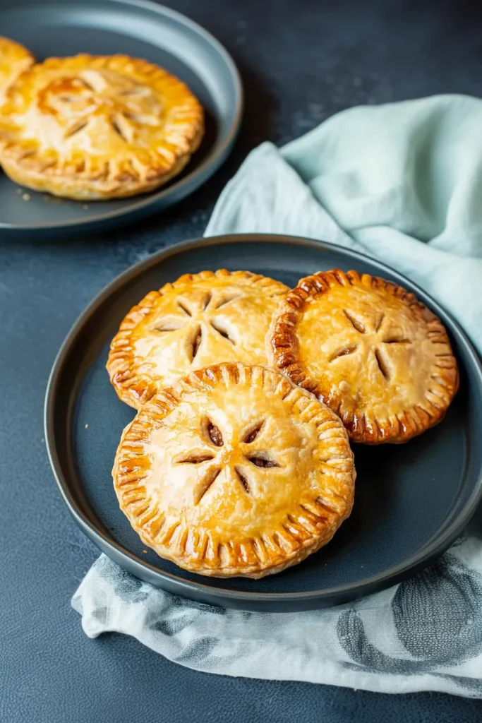 Small golden pies with glossy crust and decorative slits on top.