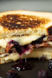 Close-up of golden toasted bread filled with gooey cheese and juicy blackberries.